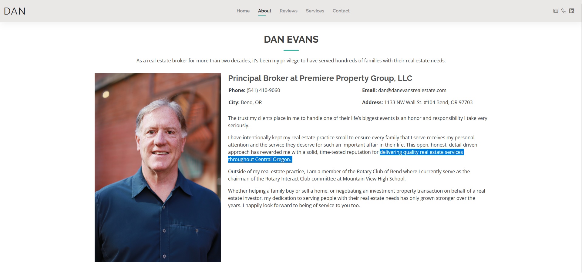 About page of Dan Evans Real Estate website