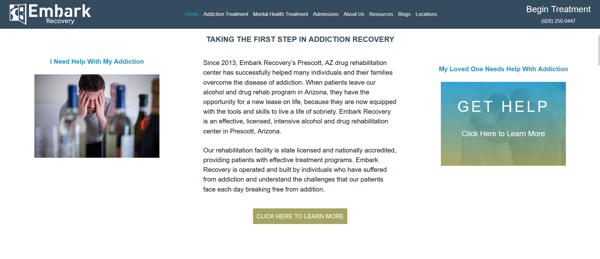 Another section of the home page of the Embark Recovery website